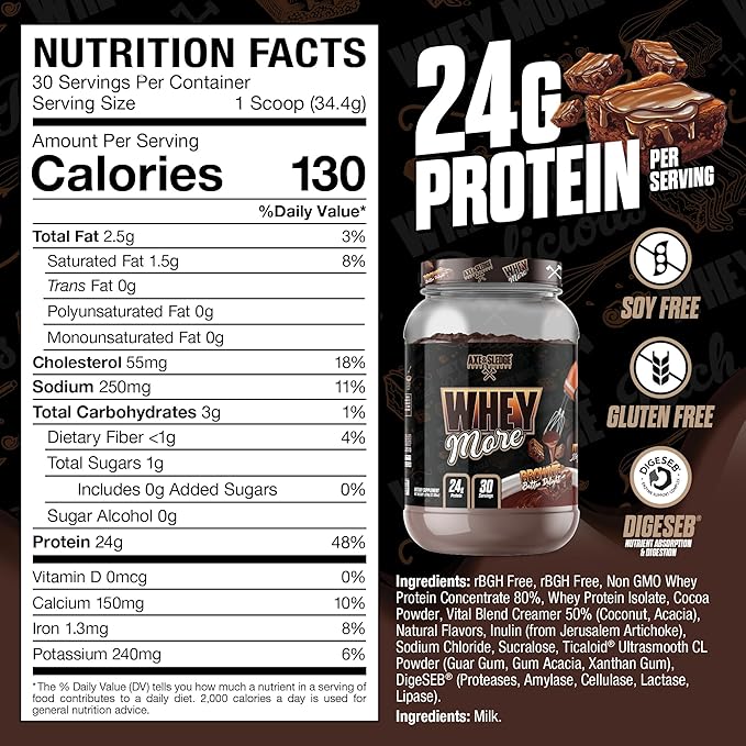 Axe & Sledge WHEY More Premium Protein Blend | 24g Protein, Whey Concentrate & Isolate | Prebiotic Fiber for Enhanced Absorption | Creamy, Delicious, Versatile | 30 Servings, Brownie Batter