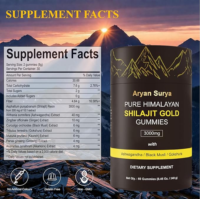 Natural Himalayan Shilajit Gold Gummies – 3000mg Shilajit with KSM-66 Ashwagandha, Gokshura & Black Musli, No Added Sugar Energy & Stamina Support Supplement for Men & Women – 60 Gummies