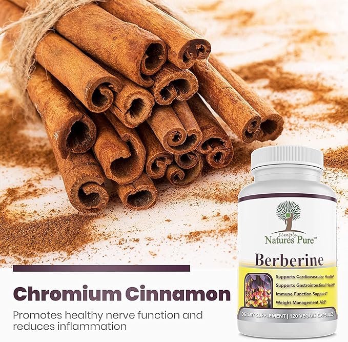 Simply Natures Pure Premium Berberine HCl 500mg - 120 Capsules - Cardiovascular Gastrointestinal Immune Support - Chromium Cinnamon (Pack of 3)