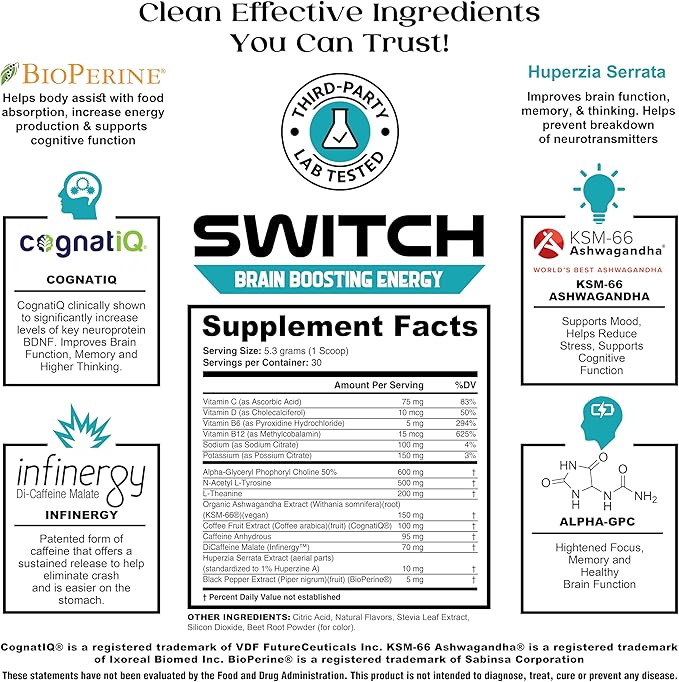 CoreBody Switch Energy Drink Mix -Nootropics Brain Support Supplement for Memory & Focus, Sugar Free Energy Booster with Nootropics, Alpha GPC, All Day Focus* (Tropical Punch)