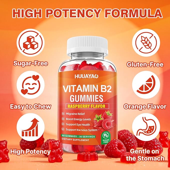 Vitamin B2 Gummies, Riboflavin Supplement with Magnesium for Kids & Adults, B2 Gummies for Migraine Relief & Nervous System Support, Vegan, Sugar-Free, Raspberry Flavor, 60 Count