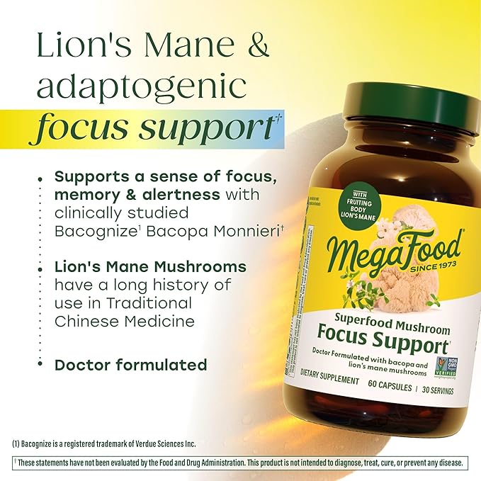MegaFood Superfood Mushroom Focus Support - Lions Mane Supplement Capsules - Doctor Formulated – Lion’s Mane Mushroom Supplement with Clinically Studied Bacopa - Vegan - 60 Capsules, 30 Servings
