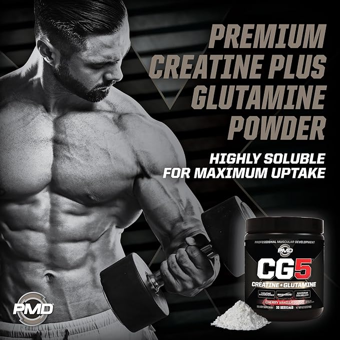 PMD Sports CG5 - Premium Creatine and L Glutamine Powder - Maximum Strength Power Recovery, Build Lean Muscle, Increase Performance - Pre-Workout and Post Workout - Cherry Vanilla Slush (30 Servings)