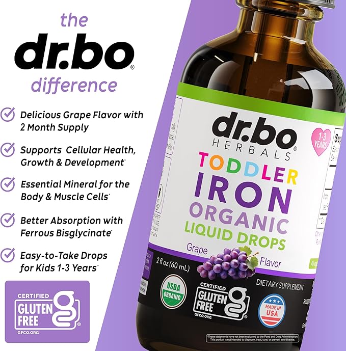 Iron Supplement for Toddlers & Kids - Organic Liquid Iron Drops for Kids, Toddler, Baby, Infant, Toddlers Supplements Ages 1-3 - Organic Vegan Toddler Liquid Drops Supplement, Gluten Free, Non-GMO 2oz