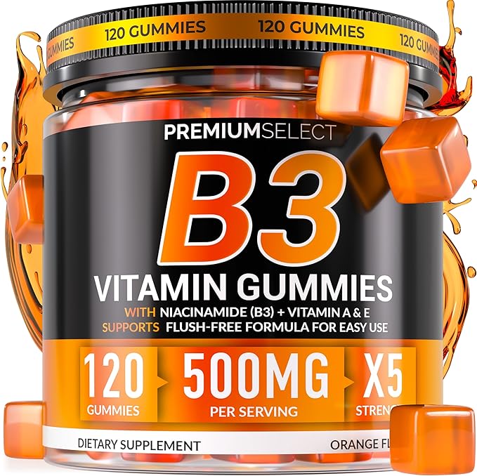 Vitamin B3 Gummies Niacinamide 500mg – Flush-Free Niacin Supplement with Vitamins A & E – 120 Vegan Gummies for Adults – Non-GMO, Sugar-Free, Gluten-Free – 2-Month Supply