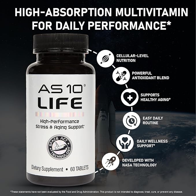 AS 10® Life – Stress, Immune Support and Anti Aging Supplement - Multivitamin and Antioxidants Tablet, Resveratrol, Alpha Lipoic Acid, Lutein and Zeaxanthin, Co-Developed by NASA, 60 ct
