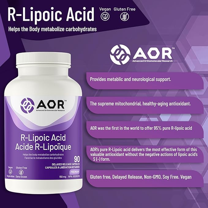 AOR R Alpha Lipoic Acid 150mg, 90 Vegan DR Capsules, 30-Day Supply – Pure R-Lipoic Acid Formula for Antioxidant Activity, Carbohydrate Metabolism & Everyday Digestive Balance – Non-GMO, Gluten-Free