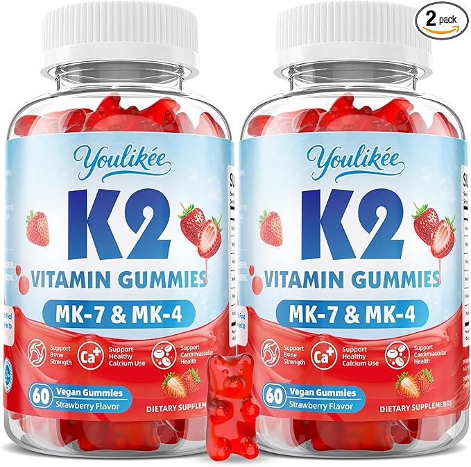 2 Pack Sugar-Free Vitamin K2 Gummies, Dual Formula Vitamin K2 Supplement with MK-7 & MK-4, Supports Bone Health, Gluten-Free, Non-GMO, Sugar-Free, Strawberry Flavor, 120 Gummies