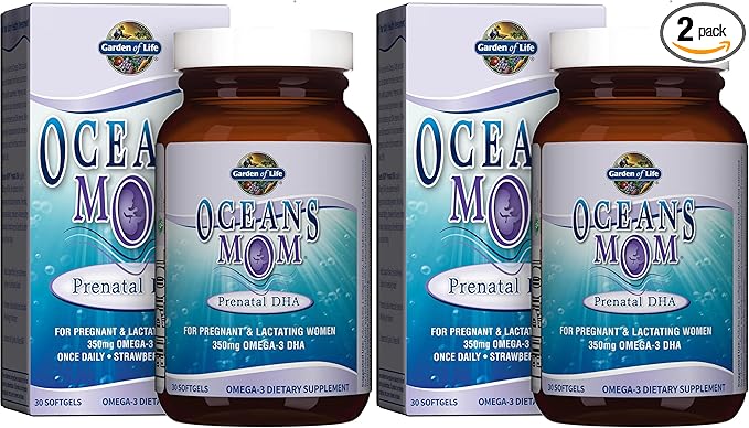 Garden of Life Oceans Mom Prenatal Fish Oil DHA, Omega 3 Supplement - Strawberry, 350mg Prenatal DHA Pregnancy Fish Oil Support for Mamas, Babys Brain & Eye Development, 30 Small Softgels(Pack of 2)
