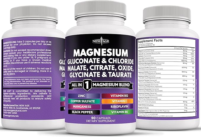 NEW AGE Magnesium Supplement -Powerful Glycinate Citrate Malate Oxide Taurate Aspartate Gluconate Orotate & Mag Chloride Manganese, Joint Support- 180 Count