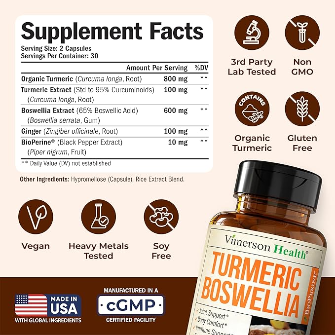 Boswellia Serrata Turmeric Supplement for Joint Support & Inflammation Balance – Turmeric Boswellia Supplement with Ginger & Black Pepper Extract for Enhanced Absorption – Non-GMO - 2pack