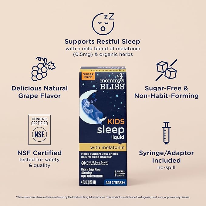 Mommy's Bliss Kids Sleep Liquid with Melatonin & Calming Herbs | Melatonin for Children 3 Years & Up | Grape Flavor | Sugar Free | 4 Fl Oz (60 Servings)