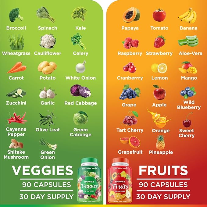 Superfood MD Fruits & Veggies Supplement - Whole Food Natural Superfoods - with Beta Carotene - Soy Free- 90 Count (Pack of 2)