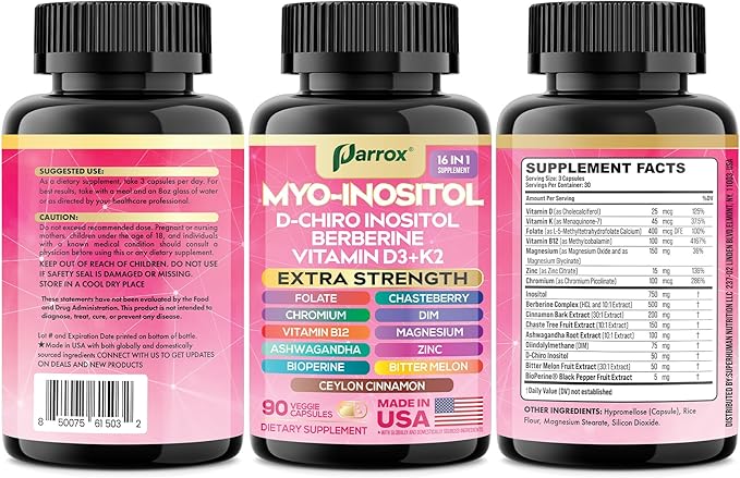 Myo-Inositol Supplement with D-Chiro Inositol, DIM, Berberine, Vitamin D3 + K2, Methylated B12, Chromium, Ceylon Cinnamon, Zinc, Ashwagandha, Chasteberry, Magnesium, Bioperine, Bitter Melon (2 Pack)