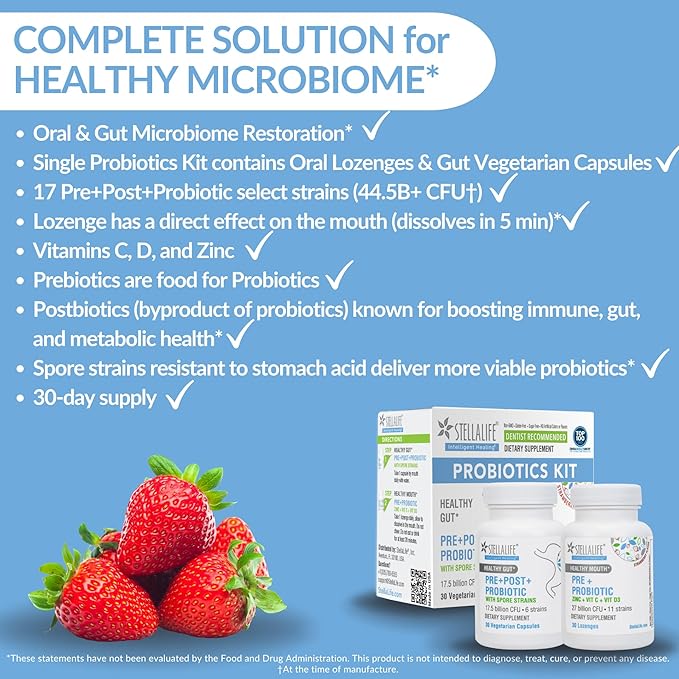 StellaLife Probiotics Oral & Gut Prebiotics Post Probiotics Kit: 44.5B CFU, 11 Oral & 6 Gut Spore strains for Digestive & Dental Health, Bad Breath Treatment, Tongue Hygiene, Strawberry Flavor, 30-day