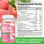 Iron Gummies with Multivitamin, Iron Supplement for Women & Men, Kids Multivitamin with Zinc, Vitamin B Complex & C, B12, Folate - Blood Builder, Energy Support, Peach Flavor, Vegan 120 Gummies