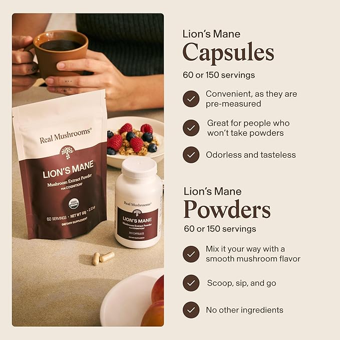 Real Mushrooms Lion’s Mane Supplement Capsules - Organic Lions Mane Extract for Overall Wellbeing - Beta Glucan Supplements – Vegan 300 ct Mushroom Extract