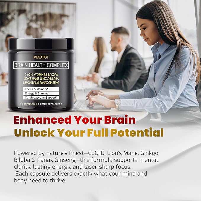 VEGATOT Brain Booster Brain Health Complex Supplement Concentrated with CoQ-10 VIT B6 Lion's Mane Ginkgo Biloba Lemon Balm Ginseng - Focus Memory Energy