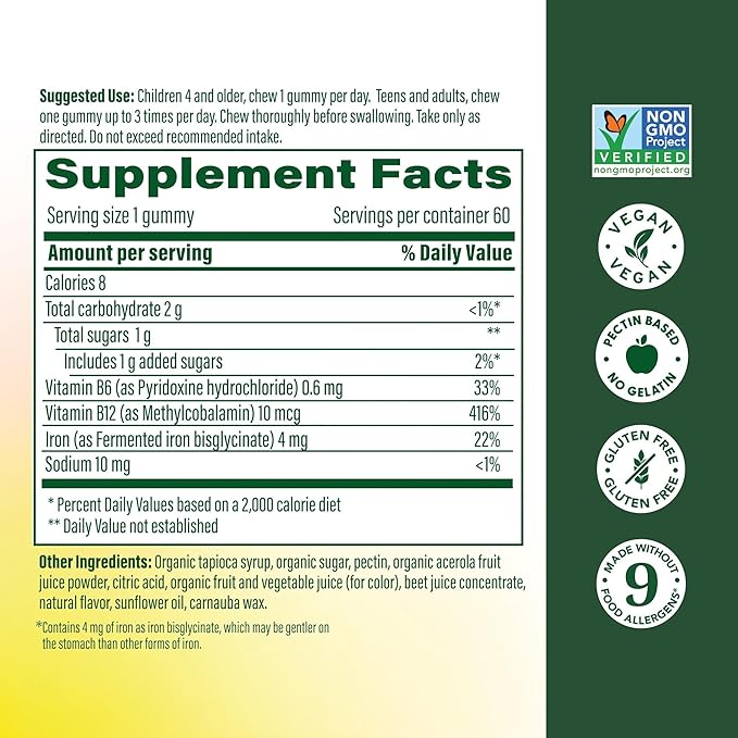 MegaFood Iron Energy Gummies, Iron Supplement for Women, Men, Teens & Kids with Vitamin B12 & B6, Vitamins, from The Makers of Blood Builder Supplement, Strawberry Flavor, 60 Count
