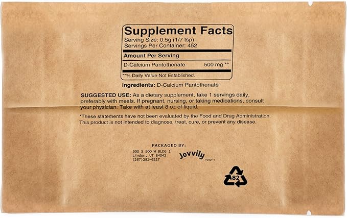 Jovvily Vitamin B5 - Pantothenic Acid - 8 oz - D-Calcium Pantothenate - Always Pure - No Fillers Or Additives