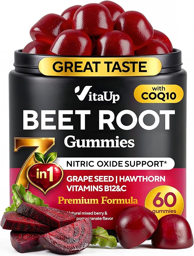 Beet Root Gummies – Beetroot Supplement with CoQ10, Grape Seed, Vitamin C, B12 & B3 – Nitric Oxide Gummies for Circulation Support – Beet Supplement for Energy & Immune Support – 60 Beets Chews