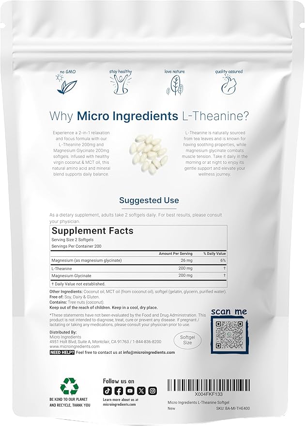 L-Theanine 200mg with Magnesium Glycinate, 400 Coconut MCT Oil Softgels | 2-in-1 Amino Acid & Mineral Complex | Gentle Care All Day & Night