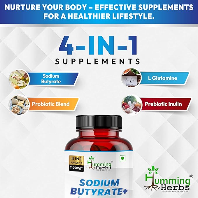 Humming Herbs Sodium Butyrate+ Capsules – 4-in-1 Digestive Support with L-Glutamine + Prebiotic Inulin + Probiotic Blend (10 Billion CFU) – 120 Vegetarian Capsules