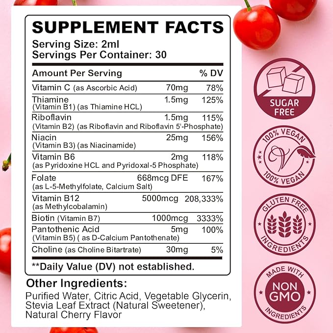 CFILIHTC Vitamin B Complex Liquid Drops, B Vitamins Complex Supplement with B1, B2, B3, B5 B6, B7, B9 & Methyl B12 Drops for Adults & Kids, Vegan, Cherry Flavor
