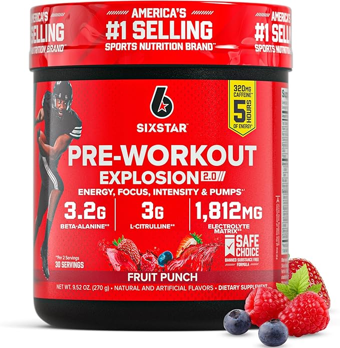 Six Star Pre-Workout Powder for Men & Women, Fruit Punch (30 Servings) - Preworkout Explosion 2.0 Energy Powder Drink Mix with Beta-Alanine & Caffeine - Sports Nutrition Supplement Products
