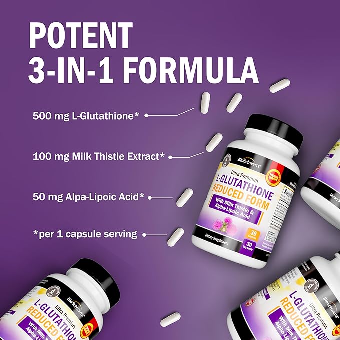 BioSchwartz Reduced Glutathione Supplement 500mg with Alpha Lipoic Acid 50mg & Milk Thistle 100mg - Glutathione Reduced Form - Gluten-Free, Third Party Quality Tested - 30 Capsules, 30 Day Supply