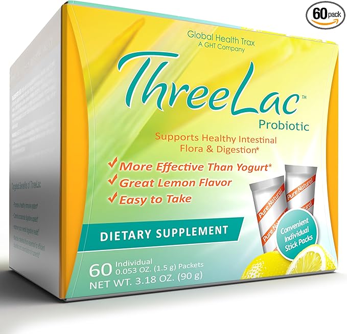 Global Health Trax GHT - ThreeLac Lemon Probiotic Drink Mix for Digestive Health - Advanced Probiotic Powder Formula for Men, Women & Kids - Immune Support & Gut Balance, Non-GMO - 60 Packets