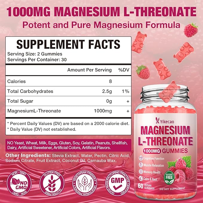 Magnesium L-Threonate Gummies 1000mg, Sugar-Free Magnesium Threonate Supplement for Kids & Adults, Nervous & Muscle System Support, Non-GMO, Raspberry Flavor, 60 Count