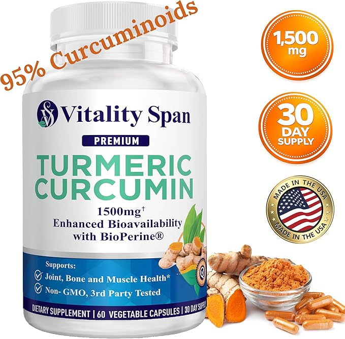 Turmeric Curcumin Supplement 1500mg – 95% Curcuminoids with 10mg BioPerine® Black Pepper – High Absorption Antioxidant Support – Made in USA – 60 Veg Capsules