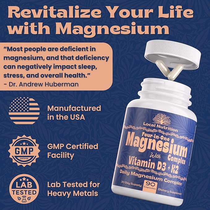 Magnesium Complex 420mg with Vitamin D3 K2 - Four Bioavailable Forms Including Bisglycinate (Glycinate), Malate, Taurate, and Chloride for Superior Absorption - 90 Capsules Made in USA