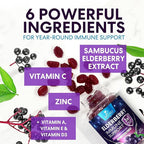 Elderberry Gummies - 3X Strength Black Elderberry Immune Support Gummy with Vitamin C, D3 and Zinc for Kids & Adults, Immune Health Support Supplement Gummy, Black Elder Berry Vitamins - 60 Gummies