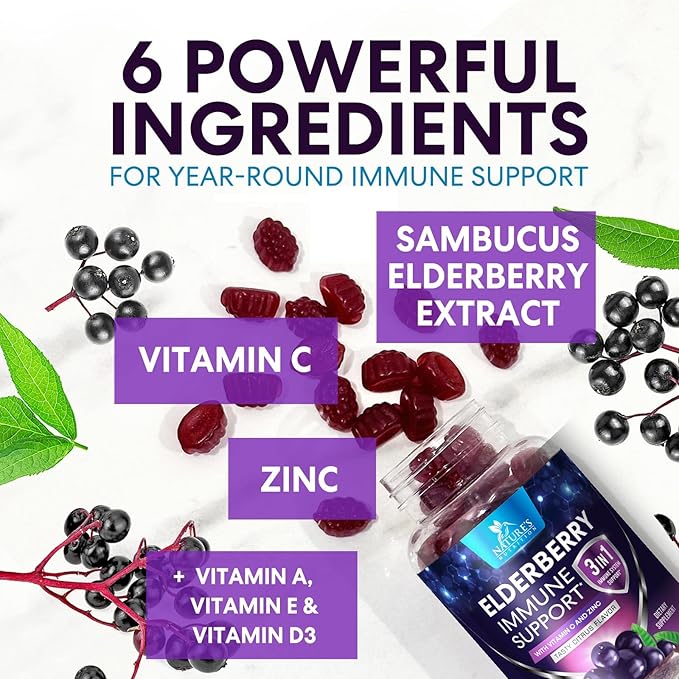 Elderberry Gummies - 3X Strength Black Elderberry Immune Support Gummy with Vitamin C, D3 and Zinc for Kids & Adults, Immune Health Support Supplement Gummy, Black Elder Berry Vitamins - 120 Gummies