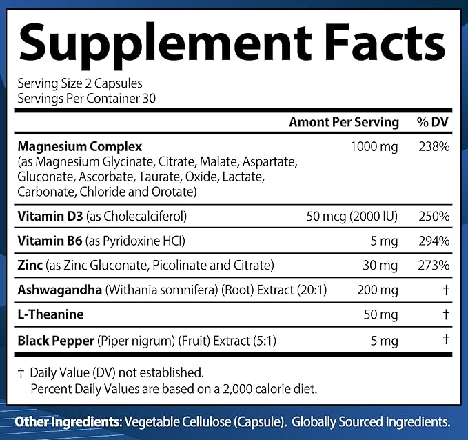 1000mg Magnesium Complex for Women and Men, 12 in 1 Magnesium Supplement with Ashwagandha, Zinc, D3, L-theanine. Easy to Swallow, High Absorption, Sleep Support & Stress Relief (60 Capsules)