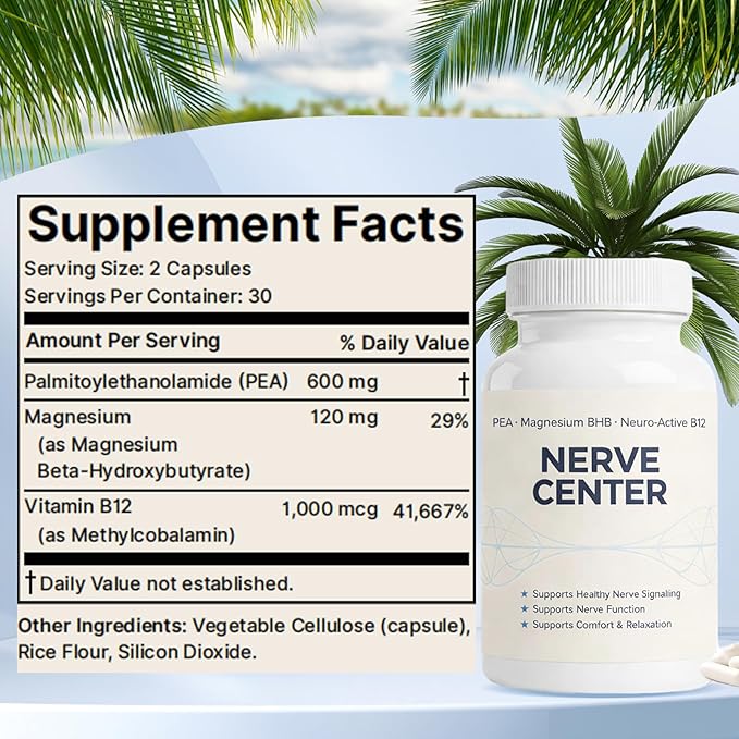 Nerve Center — Advanced Daily Nerve Support with Pea, Magnesium BHB & Vitamin B12 for Healthy Nerve Function, Cognitive Support & Daily Energy, 60 Capsules