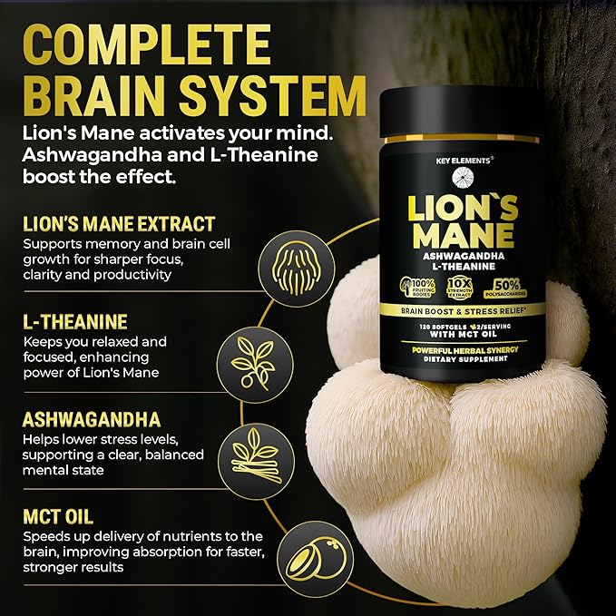 KEY ELEMENTS Organic Lions Mane Supplement Capsules with MCT Oil for Brain Support & Relaxed Focus - Lion's Mane Extract with Ashwagandha and L-Theanine - Lions Mane Mushroom Softgels