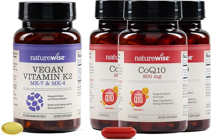 NatureWise [1] Vitamin K2 - MK-7 100mcg + MK-4 500mcg - Non-GMO - 90 Softgels[3-Month Supply] + (Pack of 3) CoQ10 200mg - High Potency Ubiquinone, Non-GMO - 30 Softgels[30-Day Supply]