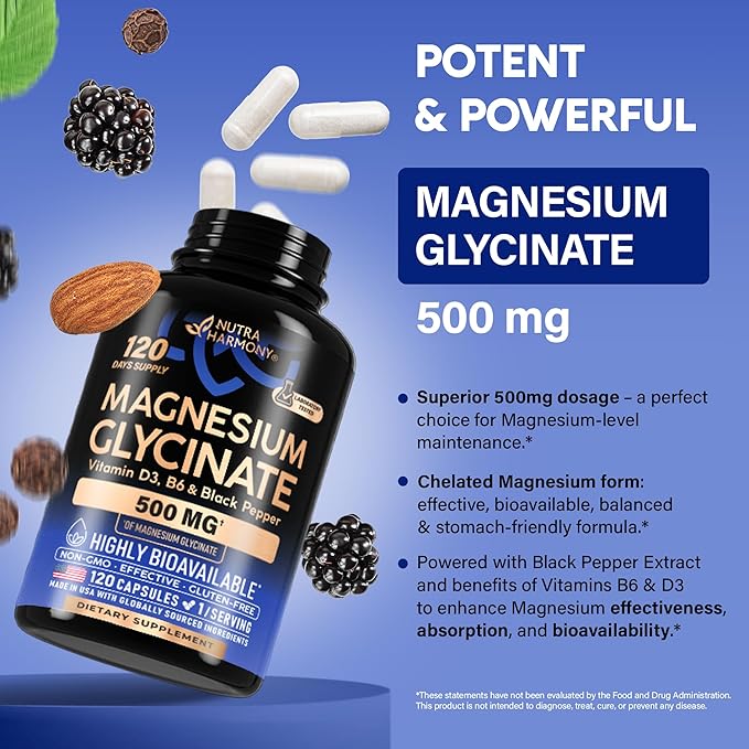 Magnesium Glycinate 500 mg - Chelated Supplement - High Absorption Form of Magnesium - Support for Sleep, Muscle & Heart Health - Made in USA, Lab Tested & Non-GMO - 120 Capsules