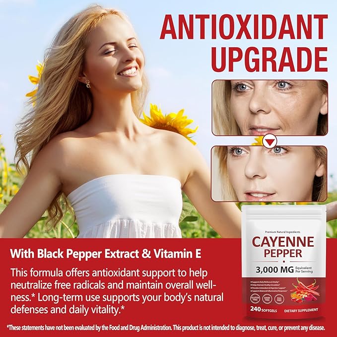 Liefiet Cayenne Pepper Capsules 3000mg Per Serving, Cayenne Pepper Softgels Supplement with Vitamin E D3+K2, Supports Heart and Blood Vessel Health, 240 Softgels