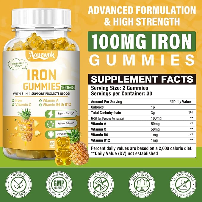 2 Packs 100MG Iron Supplements Gummies for Women & Men - Contains Vitamin C, A, B - Suitable Adults & Kids, Iron Deficiency, Immune & Energy Support, Pineapple Flavor, Non-GMO, 120 Counts