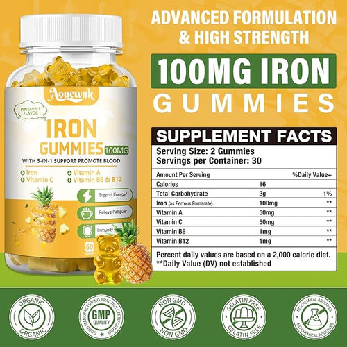 2 Packs 100MG Iron Supplements Gummies for Women & Men - Contains Vitamin C, A, B - Suitable Adults & Kids, Iron Deficiency, Immune & Energy Support, Pineapple Flavor, Non-GMO, 120 Counts