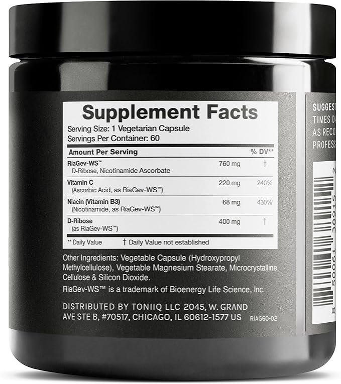 Toniiq Ultra High Potency 1400mg NAD Supplement - NAD+ Nicotinamide B3 Blend with D-Ribose, Niacin -with RiaGev - 3rd Party Tested