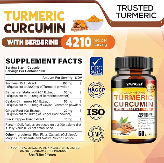 Turmeric Curcumin Supplement with Black Pepper & Bioactive Botanicals, Turmeric,Ginger,Berberine,Ceylon Cinnamon, – Premium Supplement for Daily Wellness Support 60 Capsules 3 Pack