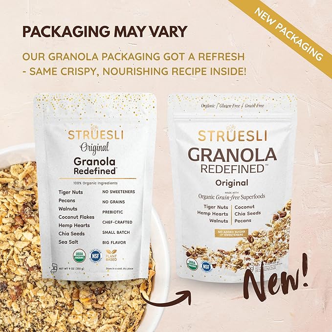 Struesli Original Organic Granola, Grain & Gluten Free, Healthy Snacks with Chia Seeds, Nuts & Sea Salt, Prebiotic High Fiber Food for Yogurt, Cereal & More, Plant Based, Keto & Paleo, 9 Oz, 2 Pack