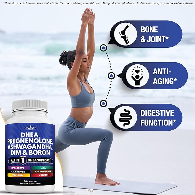 NEW AGE DHEA Supplement - Pregnenolone for Men & Women with DIM, Ashwagandha, Boron, Calcium, Magnesium, Zinc, Vitamin D3 5000iu - Support Capsules - 60 Count