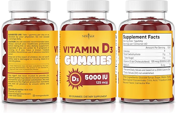 NEW AGE Vitamin D3 5000 IU 125mcg Gummies - Immune Supplement - Non-GMO, Gluten-Free, Dairy-Free, No Gelatin (60 Gummies (Pack of 1))