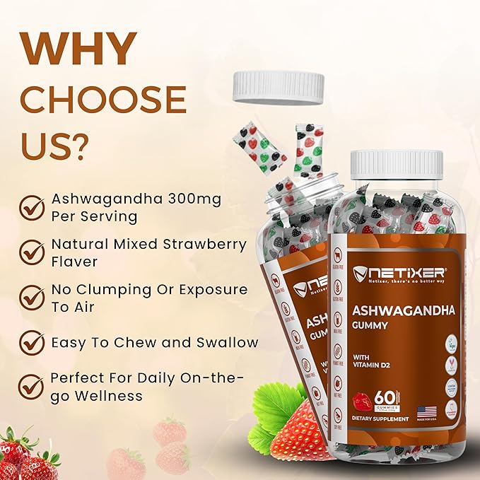 Ashwagandha Gummies – Vegan, Strawberry Flavor – with KSM-66 300mg & Vitamin D2 50mcg – Gluten-Free, Gelatin-Free, Non-GMO – 60 Gummies – Adaptogen Supplement for Adults